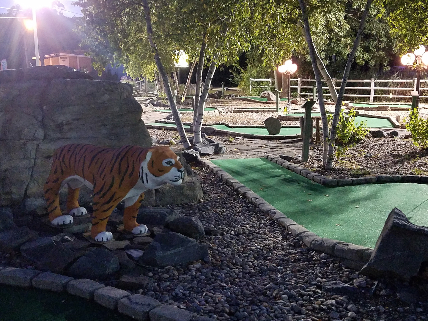 Mini golf course at night with tiger statue